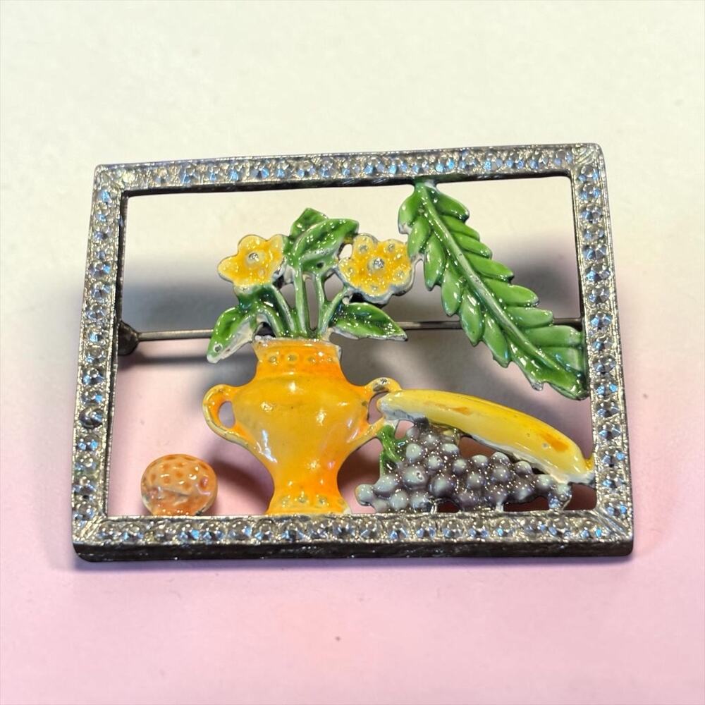 Still Life Picture Frame Brooch Yellow Enamel Fruit Flowers Rhinestone Vintage